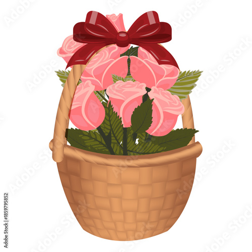 A bouquet of pink roses in a basket tied with a bow. Vector illustration isolated on a white background.