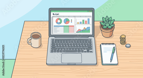 Home Office Desk with Laptop and Financial Dashboard Illustration