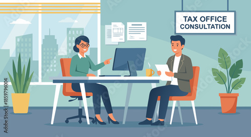 Tax Office Consultation with Accountant and Client Flat Illustration