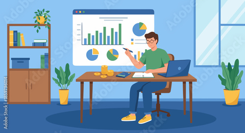 Man Analyzing Financial Charts in Home Office Illustration