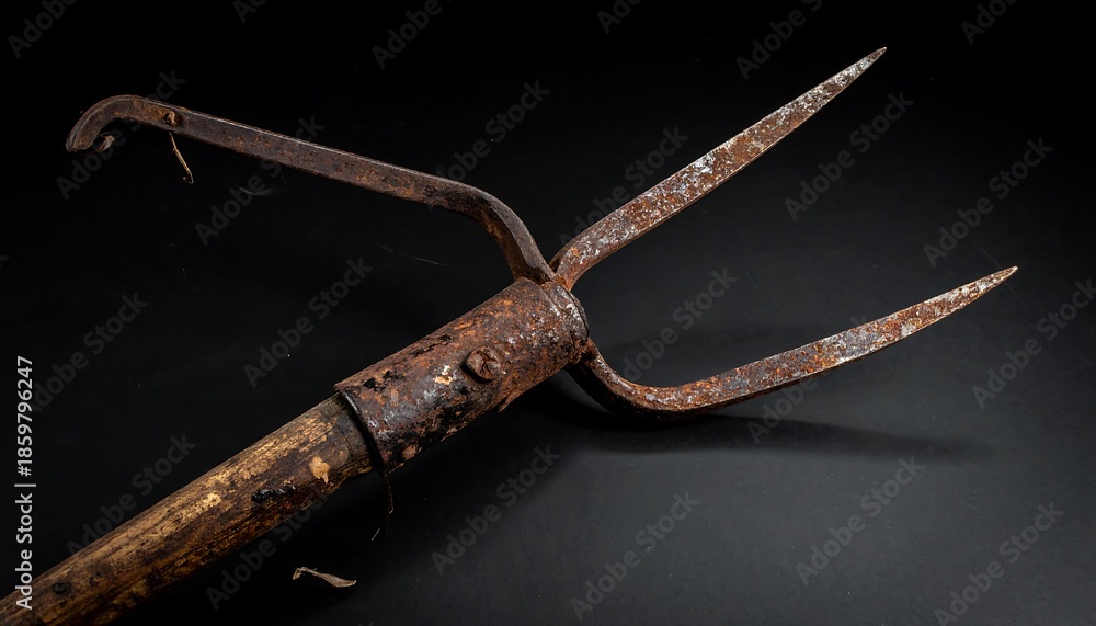 Obraz premium Close-up of a rustic, three-pronged farming tool with a long wooden handle, set against a dark background