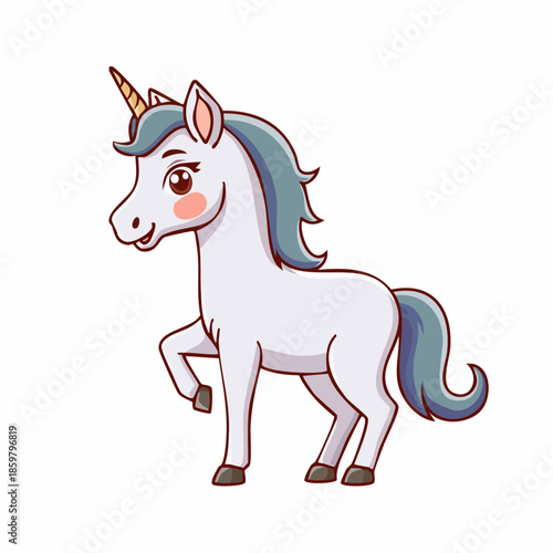 Charming cartoon unicorn illustration, a cute mythical creature with a sparkling golden horn and soft blue mane, perfect for children's designs, fantasy themes, and magical dreamland concepts