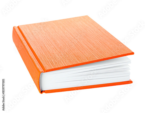 Close-up studio shot of a closed hardbound book with orange textured cover and white pages