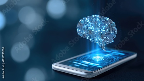 Artificial Intelligence Brain Emerging from Smartphone Digital Technology Concept