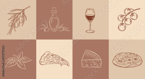 Hand drawn italian food icons set with pizza, wine, cheese, olives, basil, tomatoes. Dolce Vita vector illustration. Mediterranean cuisine ingredients