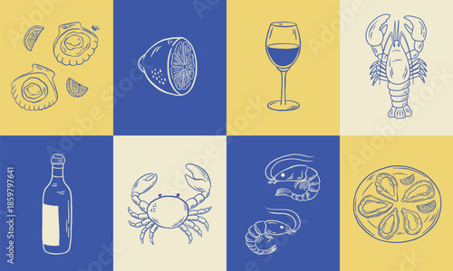 Hand drawn minimalist seafood menu icons set. Oysters, crabs, shrimps, lobster, lemon and wine in doodle style.