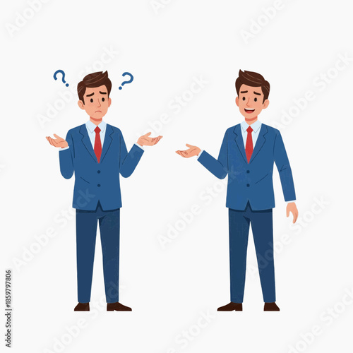 Two businessmen discuss and ponder in a modern office environment with confusion.