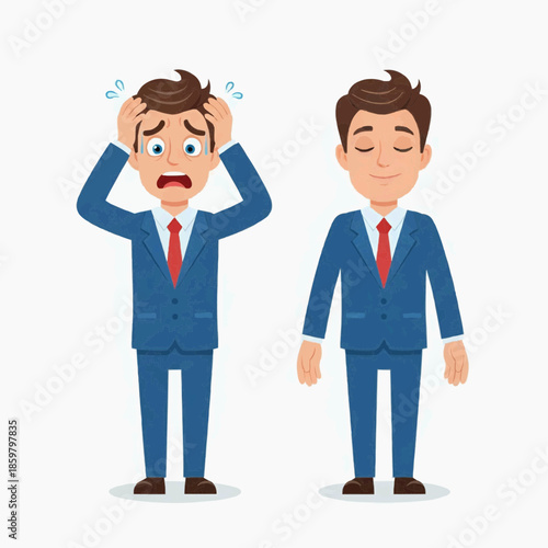 Two businessmen experience stress and relief in office setting with emotions