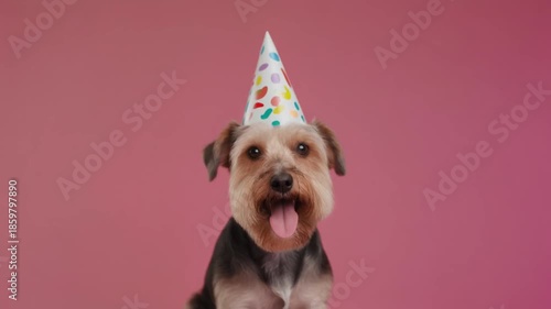 Happy terrier dog wearing a party hat