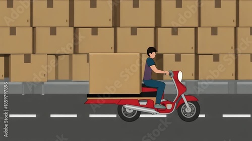 Delivery man riding scooter with parcel box animation