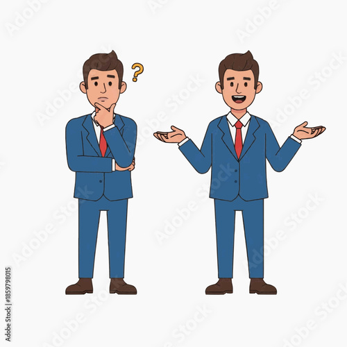 Two businessmen in blue suits discuss and question ideas in an office setting with confusion.