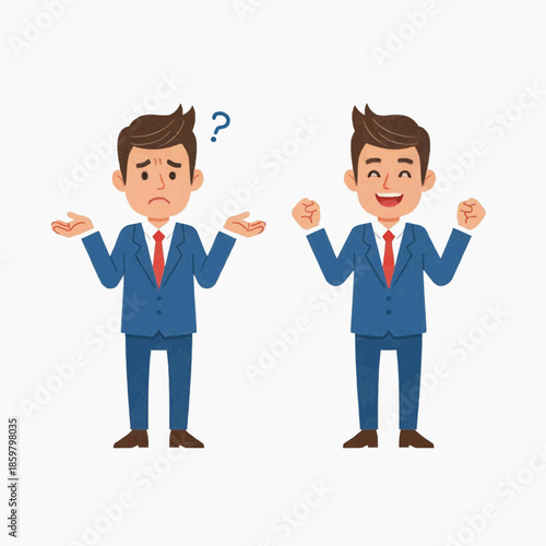Two cartoon businessmen expressing confusion and happiness in office setting with question mark