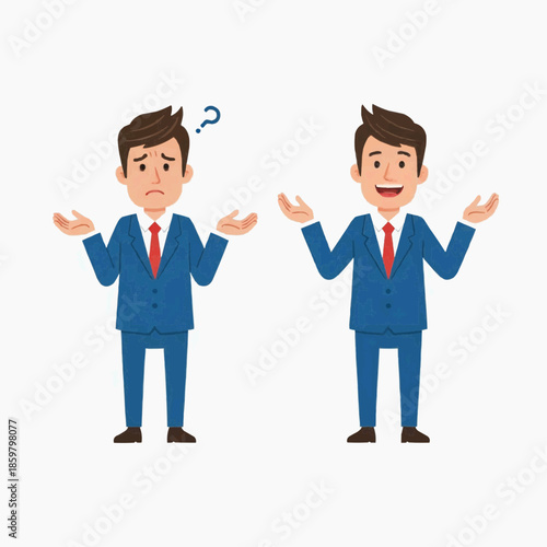 Two businessmen in blue suits display contrasting emotions with one puzzled and the other happy.