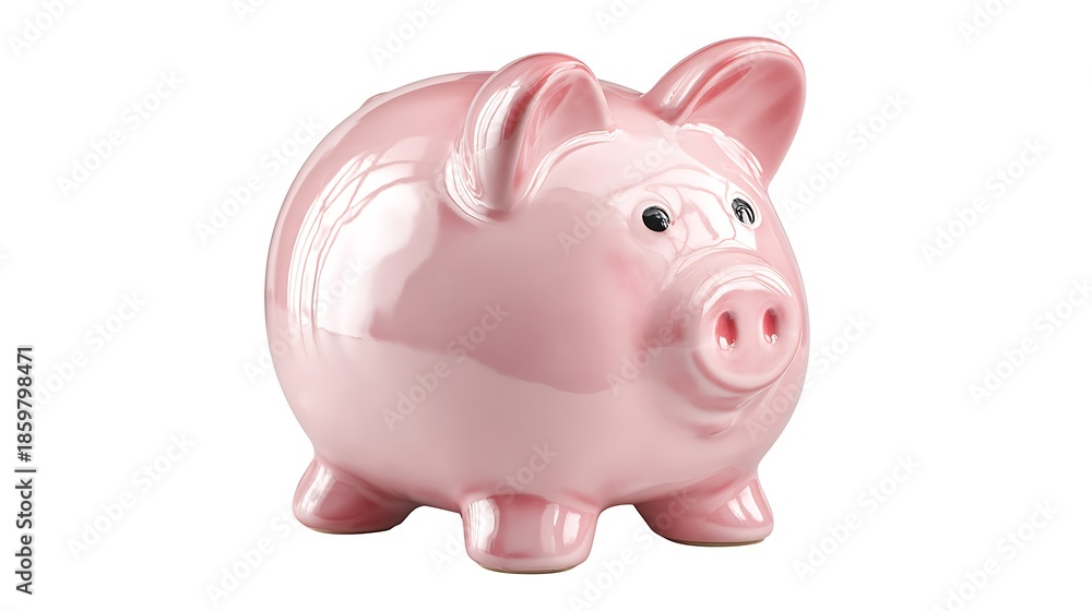 Fototapeta premium A charming, ceramic, rosy-pink piggy bank isolated on a bright white background