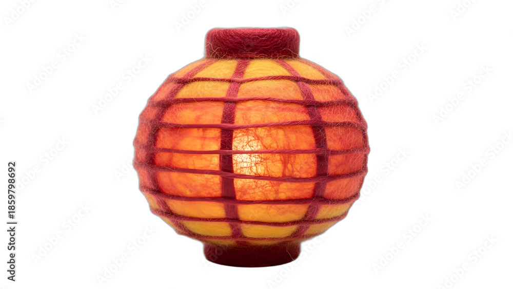Fototapeta premium Cozy needle felted wool Chinese lantern, fuzzy, soft, and handmade. Perfect for Lunar New Year, cultural crafts, cozy home decor, or graphic design. Isolated on transparent background.