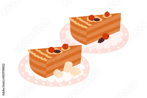 Two pieces of delicious chocolate caramel cake on pink plates with hearts. Sweets for celebrating Valentine's Day. Festive design for lovers of homemade baking.
