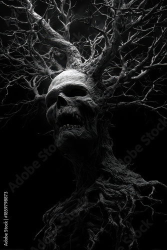 Dark fantasy demon face emerging from twisted tree, eerie horror concept art