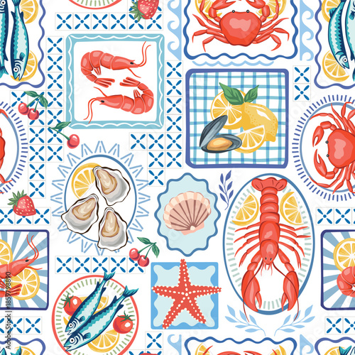 Seafood lobster, shrimp, shell, mussel, oyster, frame, lemon, cherry fruit, tile seamless pattern. Summer print.