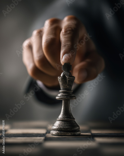 Hand moving chess piece on board, strategy and leadership business concept
