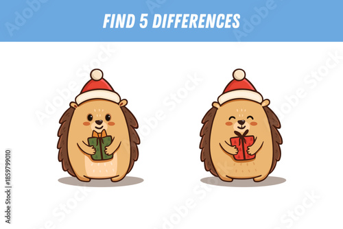 Find 5 differences between two pictures of cute hedgehog. Cartoon animal. Educational logical game for children. Vector illustration
