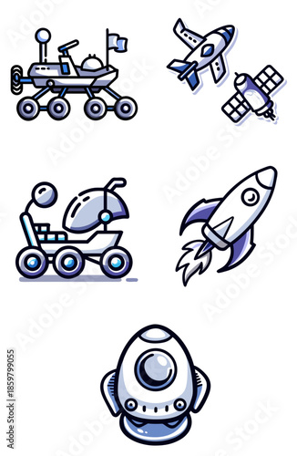 Space vehicles transport icons in blue and black