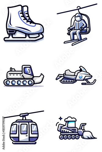 Winter vehicles and sports icons in blue and black 