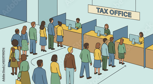 People Waiting in Line at Tax Office Service Counter Illustration
