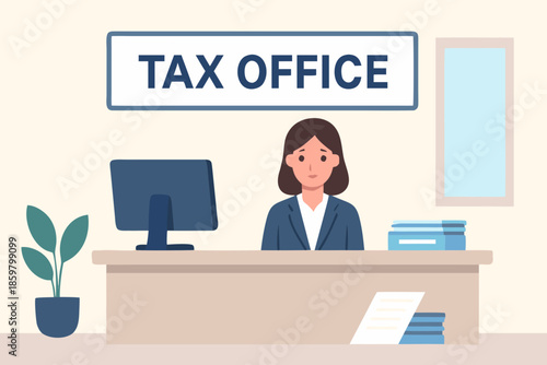 Tax Office Reception Desk with Clerk Illustration