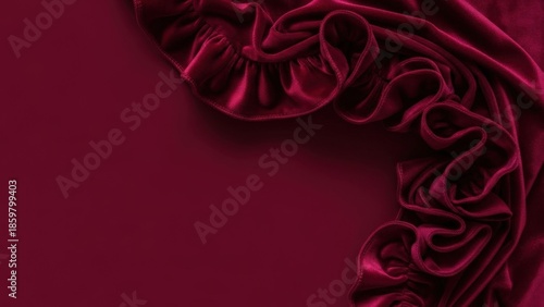 Deep red velvet fabric draped and ruffled with ruffles on a solid background