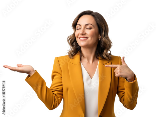 Confident professional woman in yellow blazer presenting with a warm smile and pointing gesture