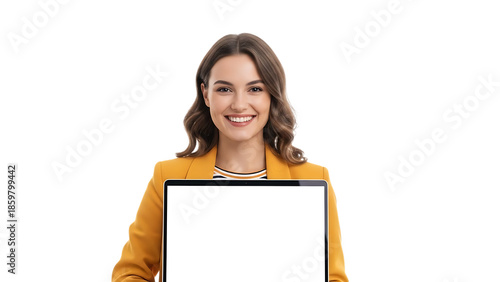 Smiling young woman in a yellow blazer presents a laptop with a blank screen for content
