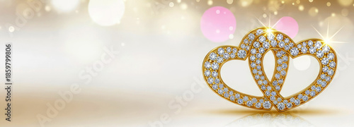 Two golden hearts with diamonds on a bokeh lights background with copy space radiating luxury and romance. Perfect for Valentine´s Day gifts, weddings, fashion, jewelry advertisement.