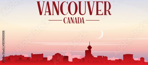 Red panoramic poster of the city skyline with misty background buildings, sunrise, moon and clouds of VANCOUVER, CANADA