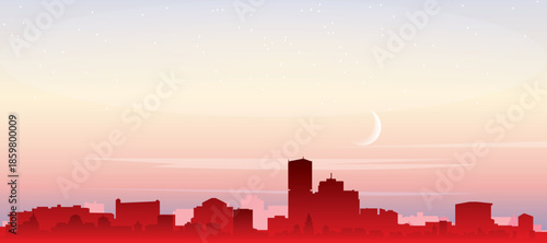 Red panoramic poster of the city skyline with misty background buildings, sunrise, moon and clouds of MONTREAL, CANADA