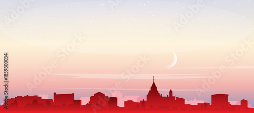 Red panoramic poster of the city skyline with misty background buildings, sunrise, moon and clouds of OTTAWA, CANADA