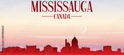 Red panoramic poster of the city skyline with misty background buildings, sunrise, moon and clouds of MISSISSAUGA, CANADA