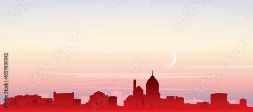Red panoramic poster of the city skyline with misty background buildings, sunrise, moon and clouds of MISSISSAUGA, CANADA