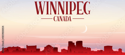 Red panoramic poster of the city skyline with misty background buildings, sunrise, moon and clouds of WINNIPEG, CANADA