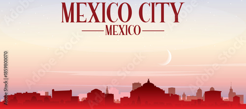 Red panoramic poster of the city skyline with misty background buildings, sunrise, moon and clouds of MEXICO CITY, MEXICO
