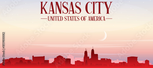 Red panoramic poster of the city skyline with misty background buildings, sunrise, moon and clouds of KANSAS CITY, UNITED STATES