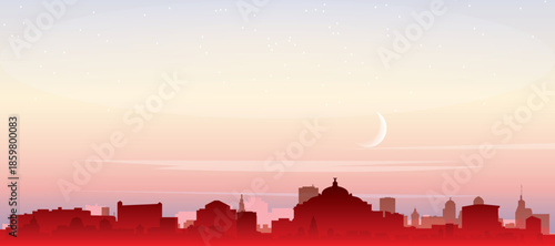 Red panoramic poster of the city skyline with misty background buildings, sunrise, moon and clouds of MEXICO CITY, MEXICO