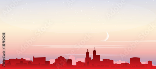 Red panoramic poster of the city skyline with misty background buildings, sunrise, moon and clouds of KANSAS CITY, UNITED STATES