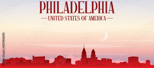 Red panoramic poster of the city skyline with misty background buildings, sunrise, moon and clouds of PHILADELPHIA, UNITED STATES