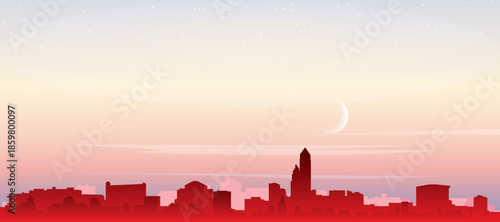 Red panoramic poster of the city skyline with misty background buildings, sunrise, moon and clouds of JACKSONVILLE, UNITED STATES