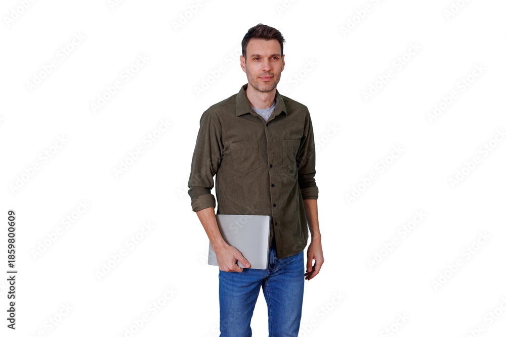 Fototapeta premium Young man standing with laptop, contemplating digital work and online education on transparent background