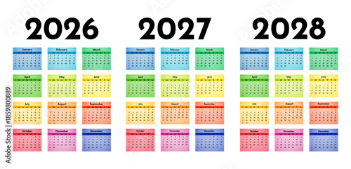 Set of calendars for 2026, 2027 and 2028 on a white background