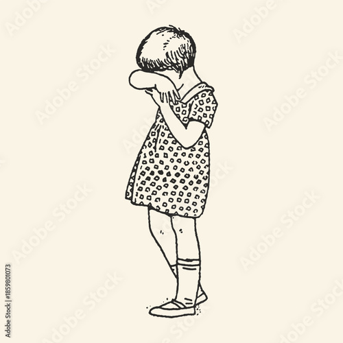Simple Vintage Illustration of a Crying Child, Minimalist Line Drawing of an Upset Toddler in a Patterned Dress, Sadness Concept Art