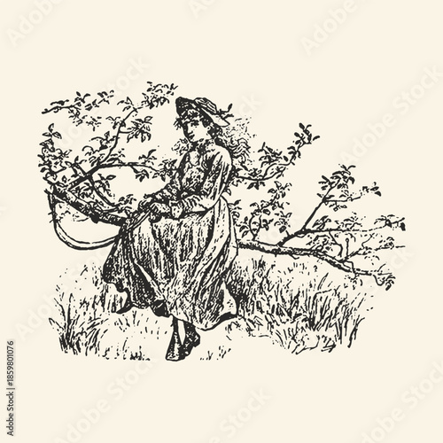 Vintage Victorian Woman Sitting in an Orchard, Antique Illustration of a Lady in a Garden Setting, Retro Countryside Sketch