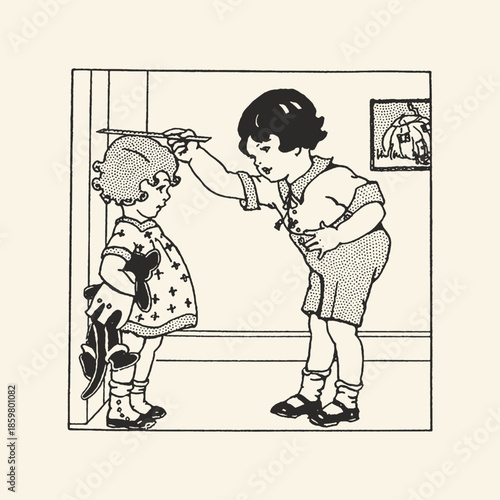 Vintage Illustration of Children Measuring Height, Antique Sketch of Siblings Growing Up, Retro Nursery Growth Chart Drawing