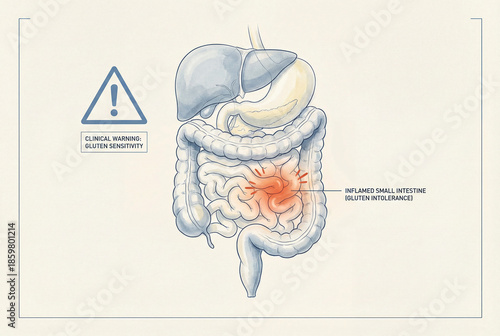 Celiac disease awareness infographic showing inflamed small intestine and digestive system anatomy